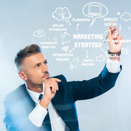 Businessman interacting with digital marketing strategy icons and graphics