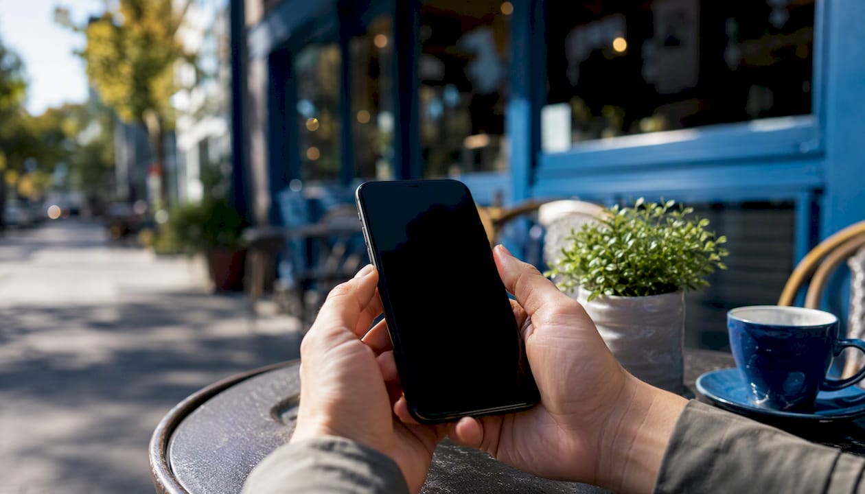 Hands holding smartphone outdoors near cafe