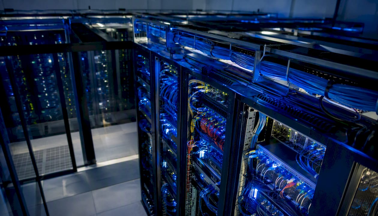 Server rack with network cables and LEDs