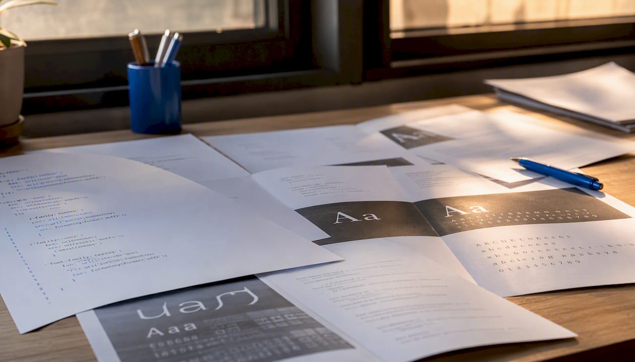 Printed CSS code and font samples on desk