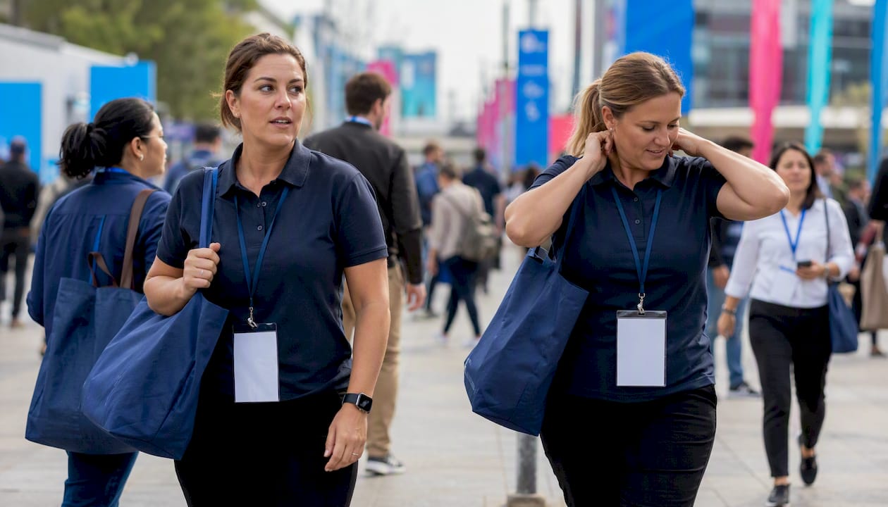 Trade show staff branded apparel and tote bags