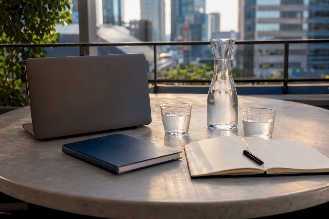 Discovery meeting setup with notebook and water glasses