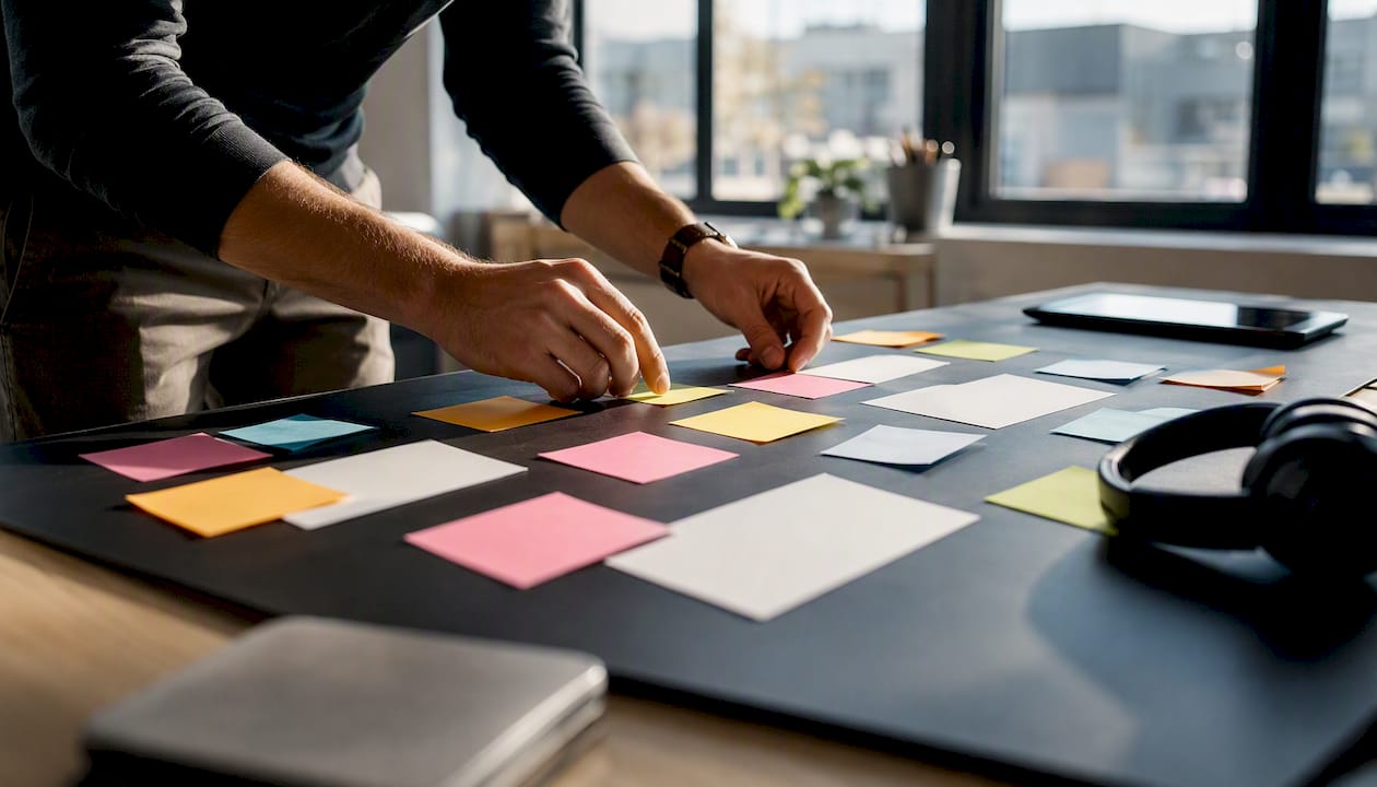 Hands organizing notes on project board