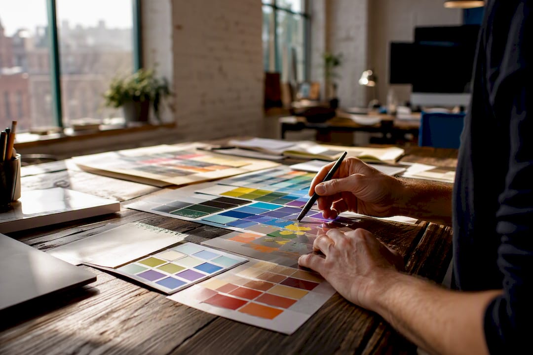 Hands handling color palette overlay for design tokens