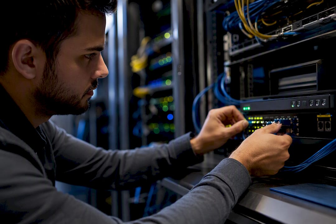 Hands connecting cables in server room