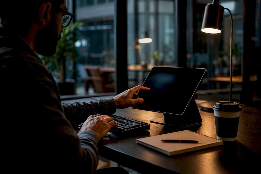 Hands interacting with keyboard and tablet at tech desk