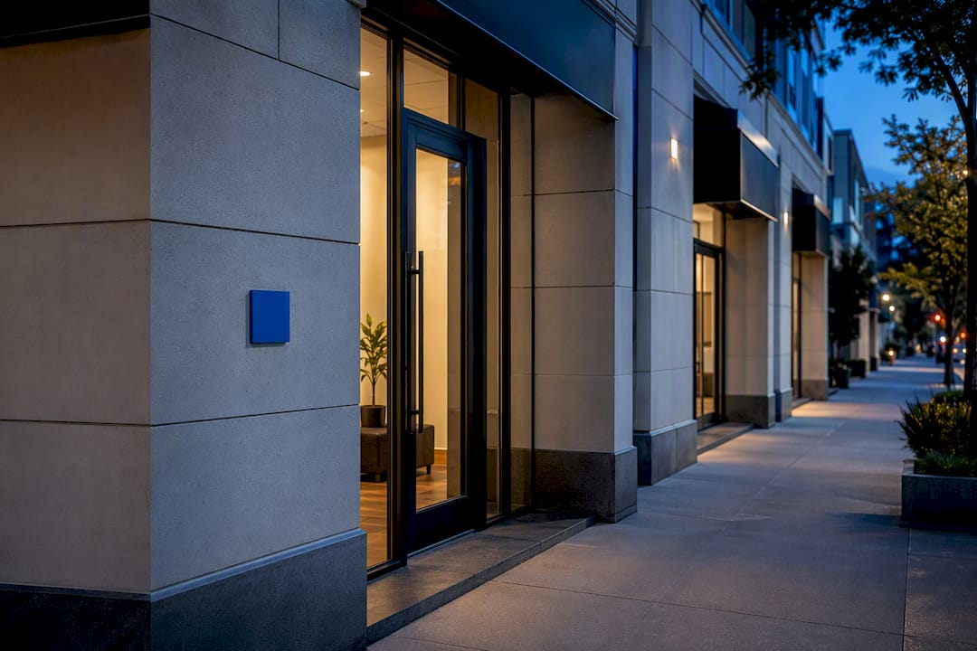 Multiple storefront entrances along an urban corridor