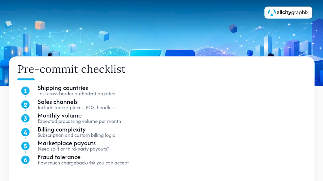 Six-factor payment processor checklist