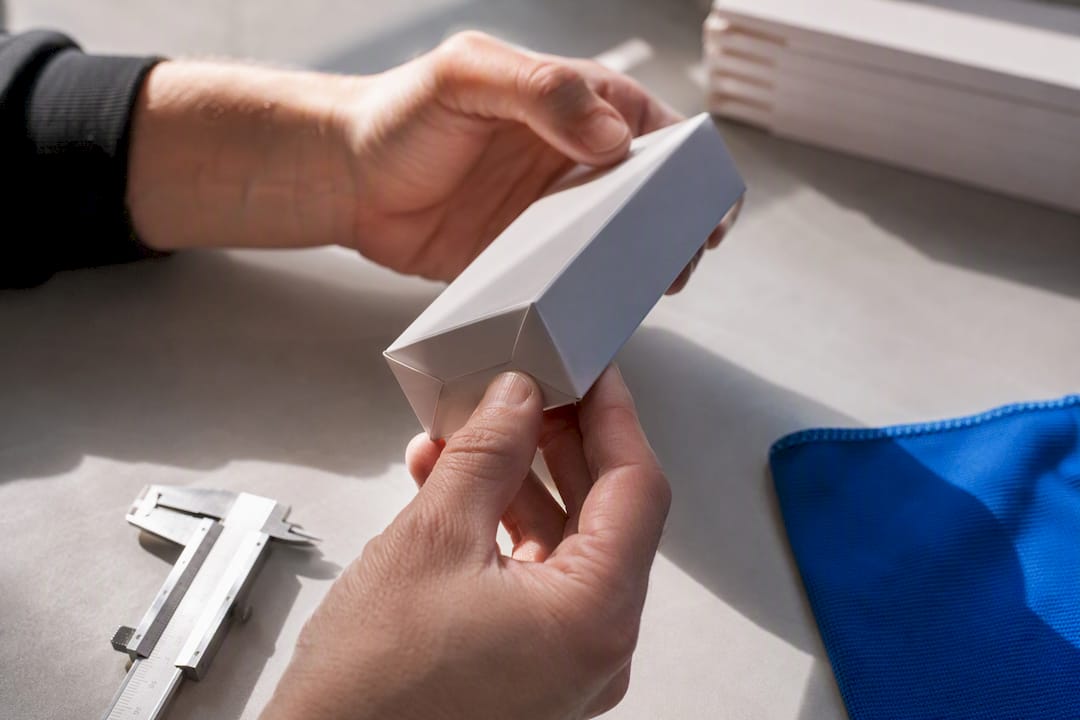 Hands inspecting folded packaging sample