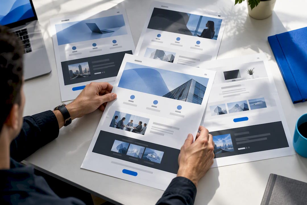 Service page mockups arranged in design studio