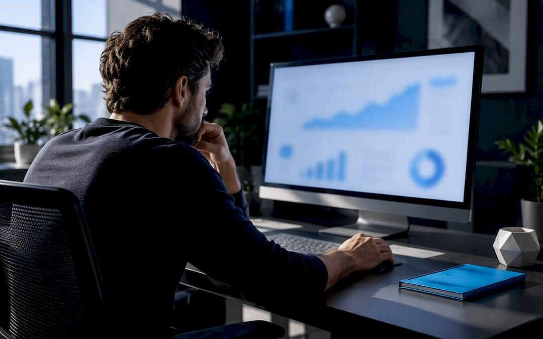 Analyst reviewing abstract SEO performance dashboard
