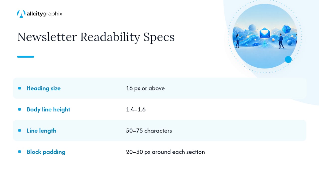 Newsletter typography and spacing specifications