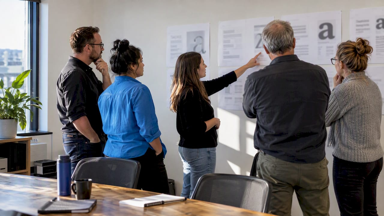 Small team comparing type samples