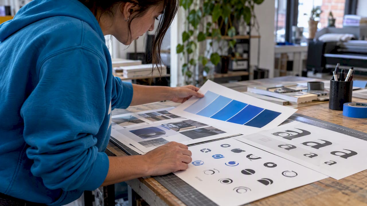Visual identity system proofs on a studio bench