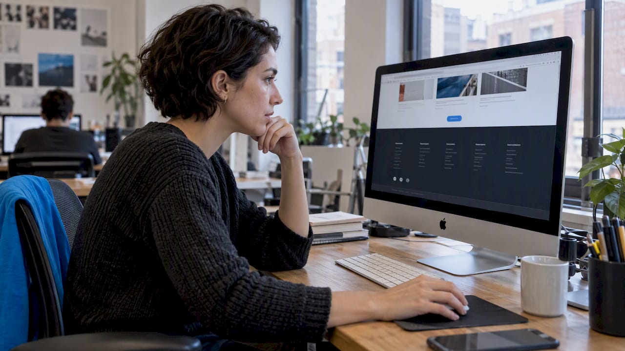 Designer reviewing a website footer on screen